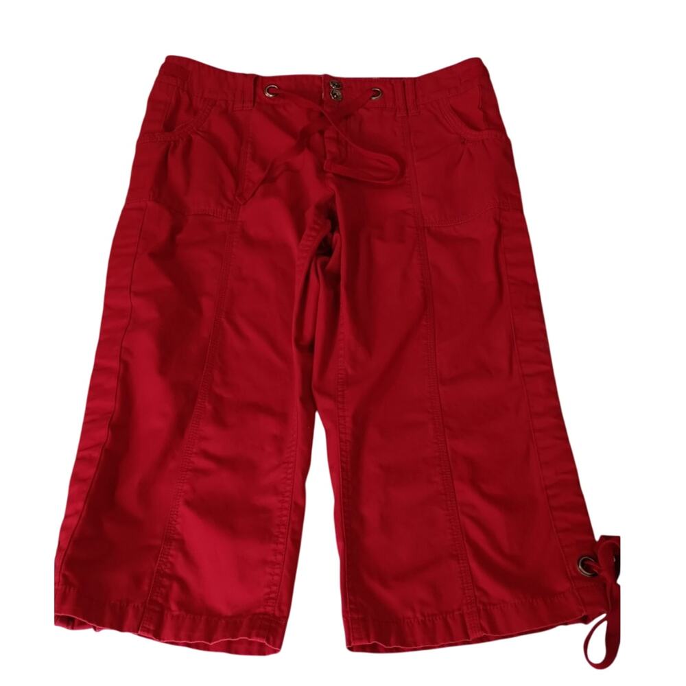 VINTAGE Y2K Pants 10‎ Cropped Red Cotton Gathered Pockets Ties Kidcore Vacation